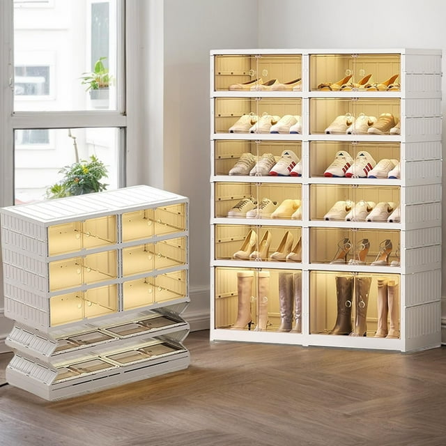 Foldable Shoe Rack Organizer for Closet, 6-Tier Folding Shoe Box Storage Cabinet with Clear Door, Plastic Collapsible Shoe Shelf with Lids Easy Assembly for Entryway, Front Door, Living Room