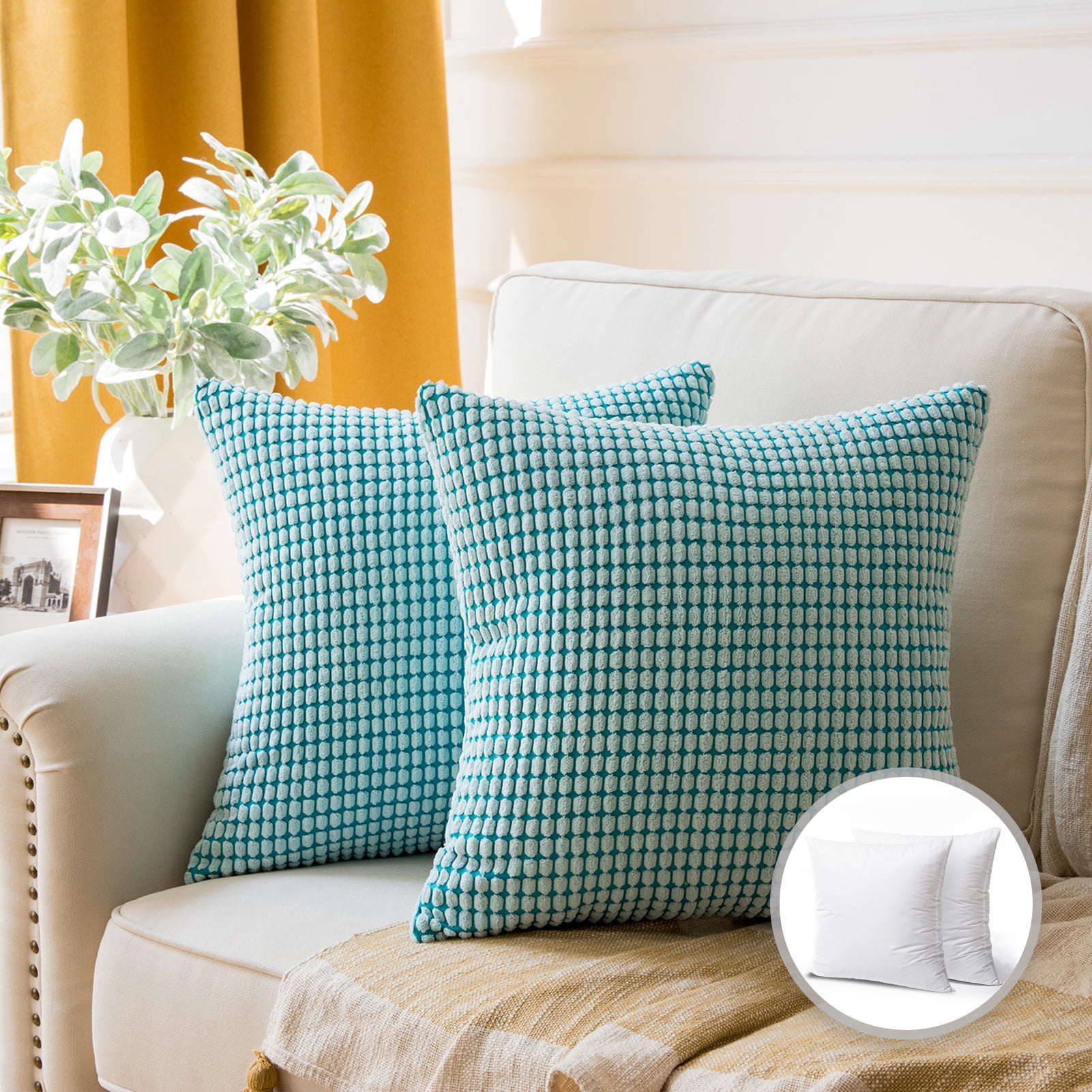 Phantoscope Soft Corduroy Corn Stripe Decorative Throw Pillows with Inserts, 20 x 20 in, Turquoise, 2 Pack