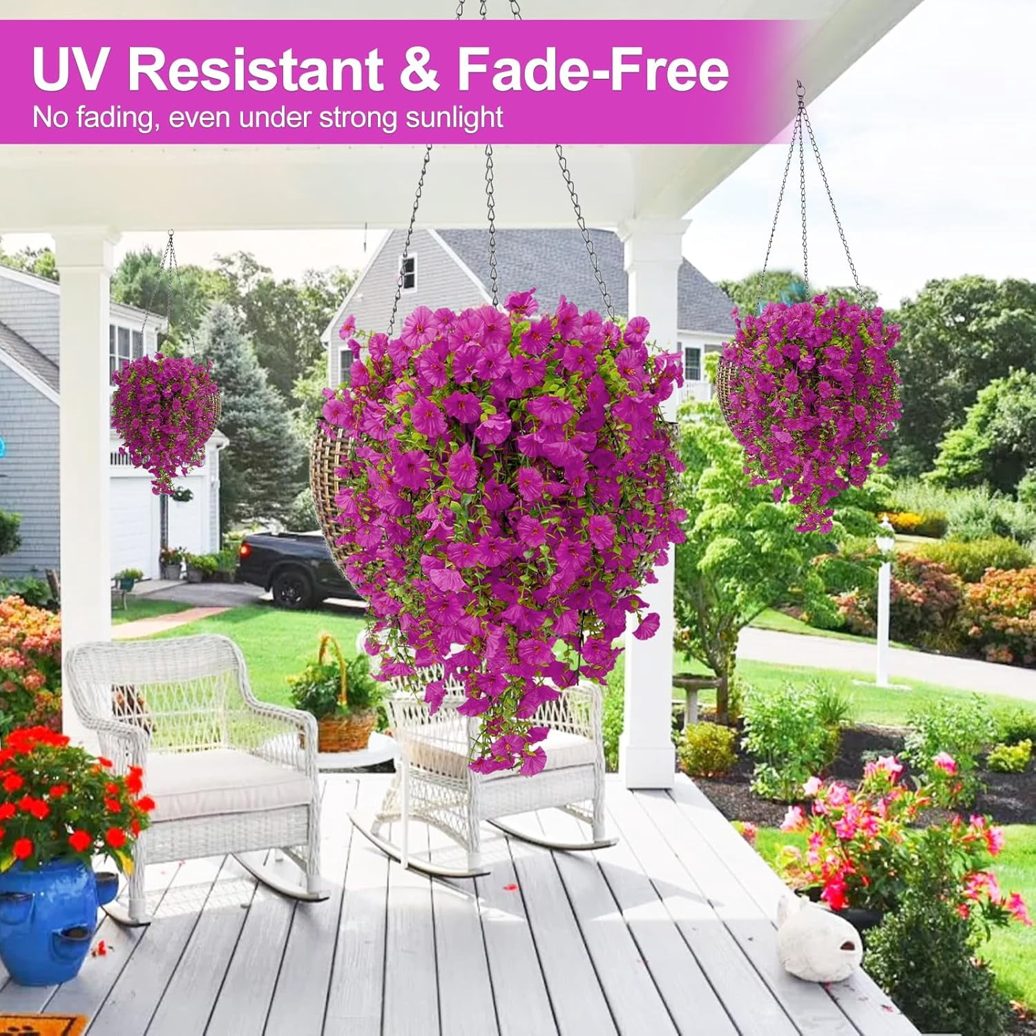 Artificial Flowers for Outdoors Decoration, 4Pcs Fake Hanging Flowers Morning Glory UV & Fading Resistant, Artificial Faux Plants Deocr for Home Porch Patio Balcony Planter Yard Garden Farmhouse