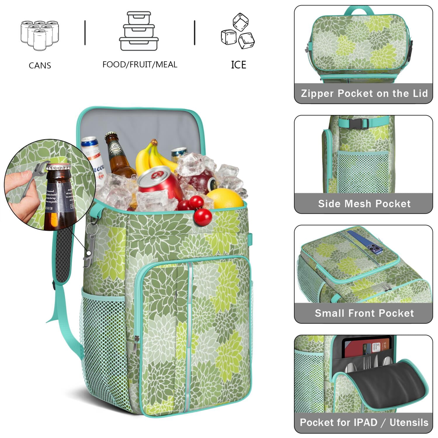 Travel Cooler Bag - Boho Bohemia Pioneer Flower Art Camping Beer Cooler Backpack with Bottle Opener- Waterproof Insulated Picnic Backpacks - Cooler Bag for Beach