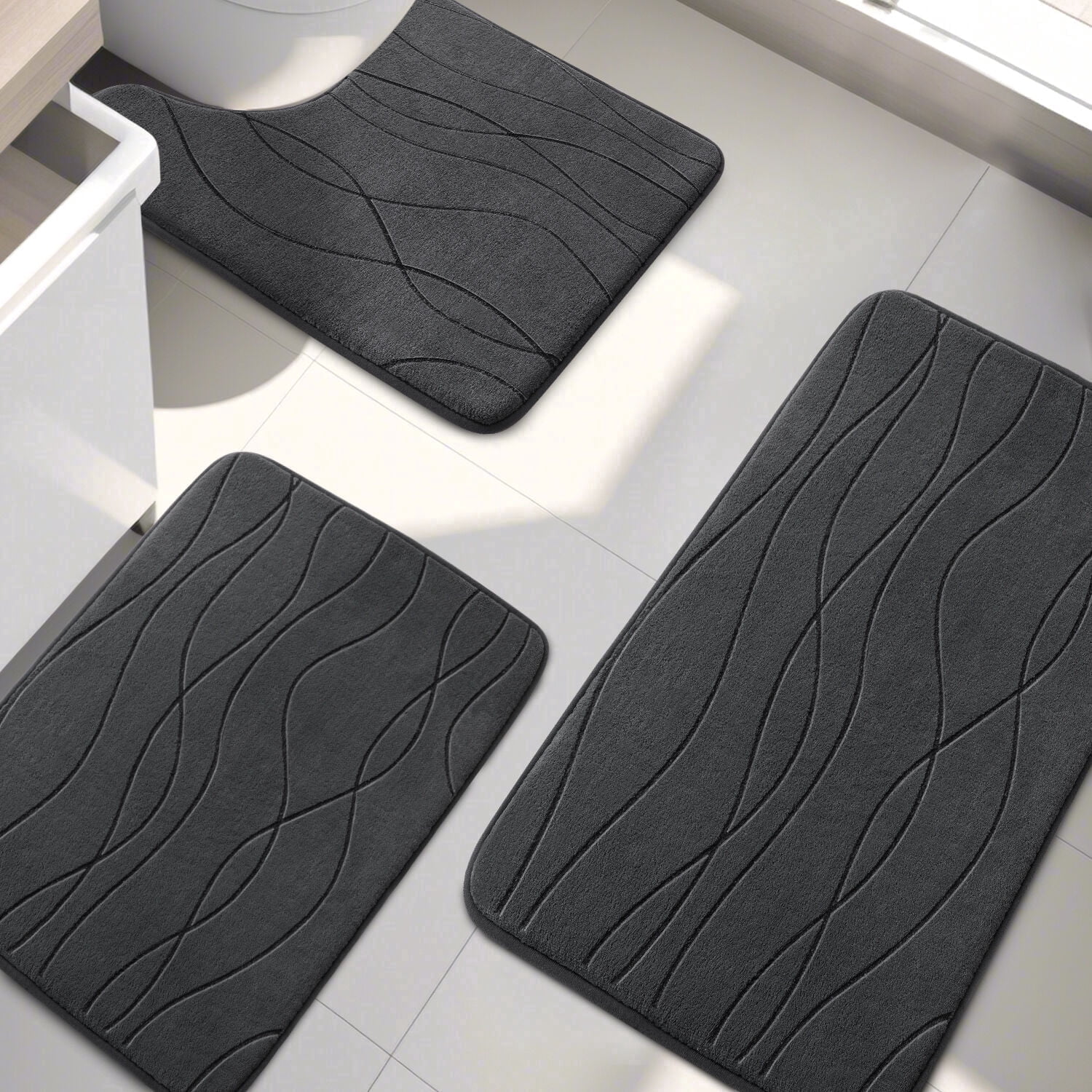 ChakmeOne Bathroom Rugs Sets 3 Piece, Gray Bathroom Rug Soft Absorbent Microfiber Bath Mats and U-Shaped Contour Toilet Rug, Non-Slip Machine Wash Dry for Floor Tub and Shower
