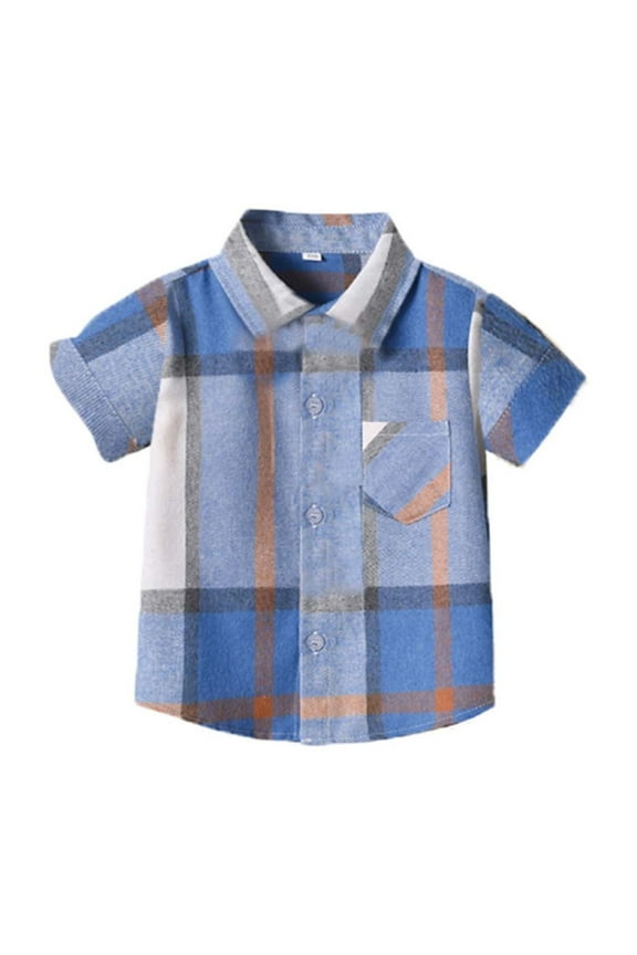 Toddler Baby Boys Girls Button Down Shirt Summer Short Sleeve Plaid Shirts (3M-5T) Blue