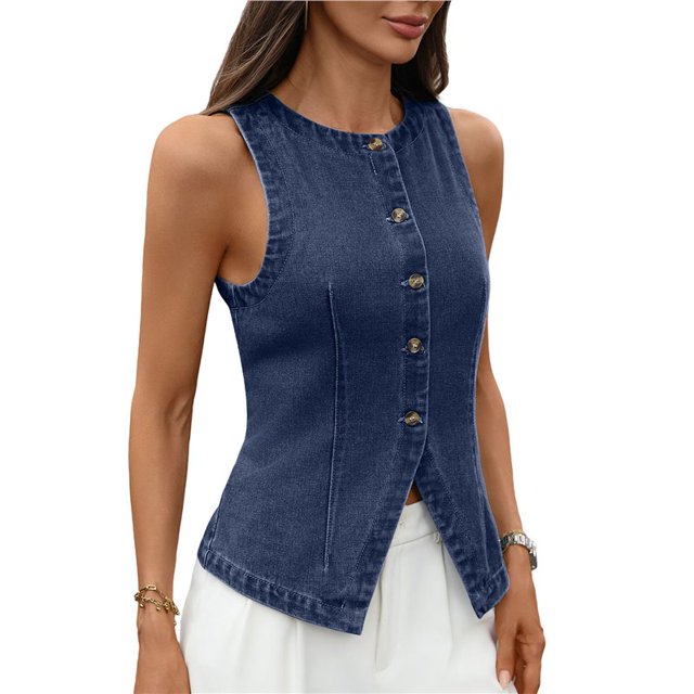 Chaleco Vaquero Elástico Sin Mangas para Mujer, con Botones y Cuello Redondo, Informal, Estilo Western para Verano Azul Profundo XL