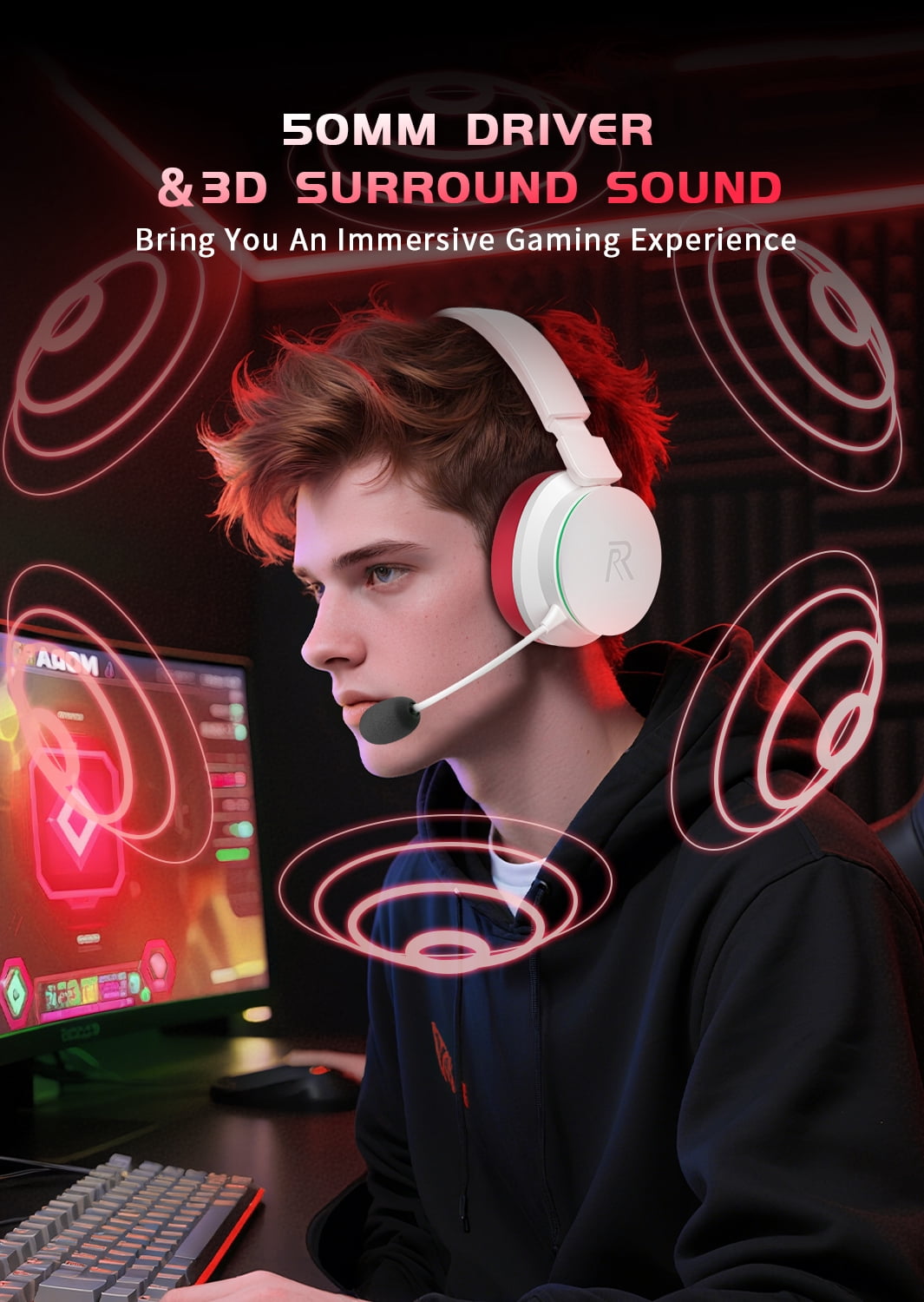 FONHAID 2.4GHz Wireless Gaming Headset for Xbox, PS5, Switch, Bluetooth Gaming Headphones with Detachable Noise Canceling Mic, 45H Battery, Red