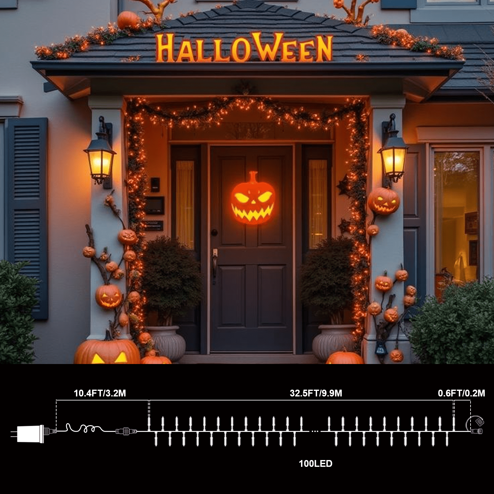 LAMPHOME Halloween Orange Mini LED String Lights, 32.5FT 100LED Plug-in Fairy Lights 16 Lighting Modes, Outdoor Holiday Decor for Tree, Garland, Wreath
