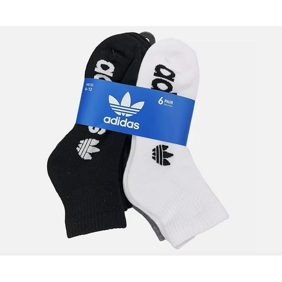 ADIDAS SOCKS MEN'S - QUARTER CUT 243 - WHITE GREY BLACK - LARGE (6-12) - PACK 6