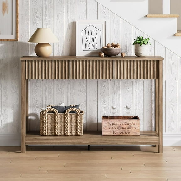 WANBIN 47" Console Table with Drawers, Fluted, Brown Walnut