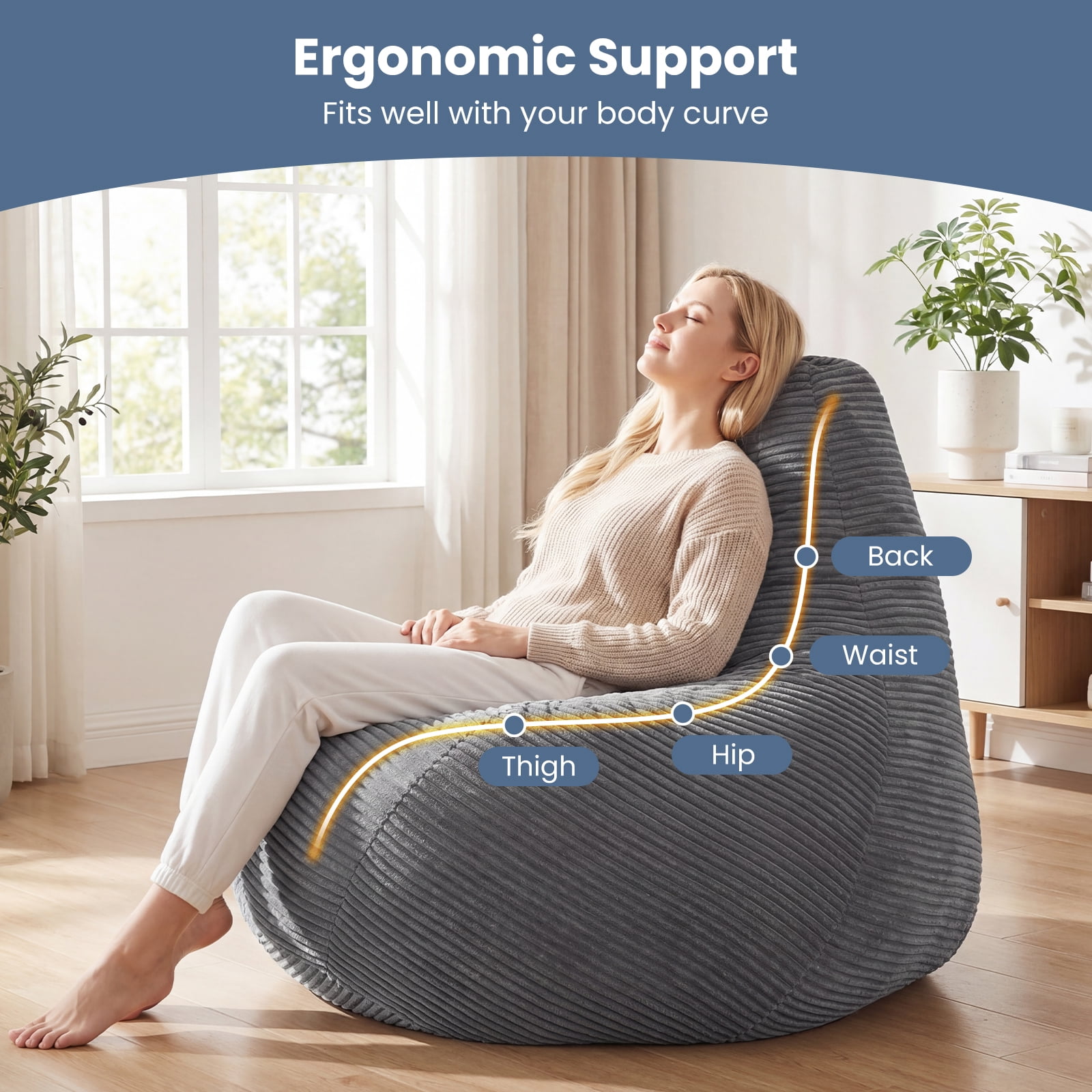 Costway Bean Bag Chair for Adults with Skin-friendly Corduroy Cover & Soft Sponge Filling Dark Gray