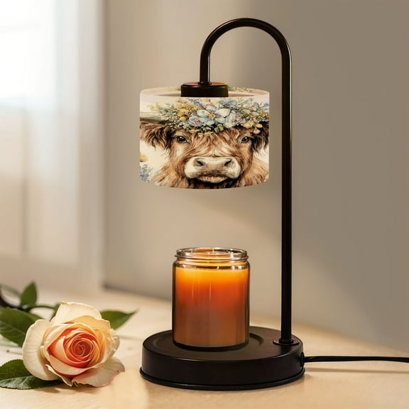 Candle Warmer Lamp with Timer, Highland Cow Floral Crown Wildflowers Pastoral Scene Non-slip Wireless Remote Control Wax Melts Warmer with 4 Bulbs for Home Office Dorm, Birthday Gifts for Women