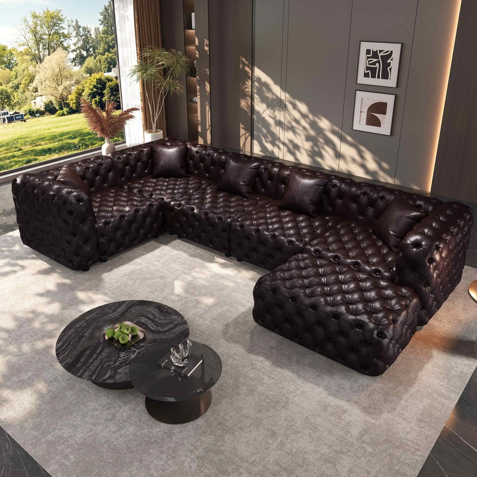 MAYEERTY 132.5" L‑Shaped 5‑Seat Faux‑Leather Modular Sofa Set, Handcrafted Button Tufted Couch with Ottoman & 5 Pillows for Living Room & Small Apartment