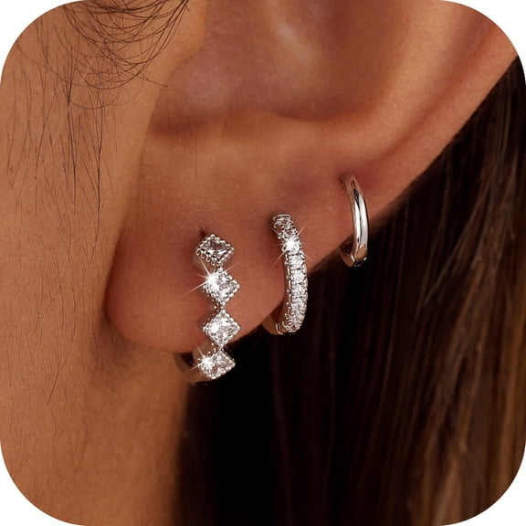 GOSFRY Silver Plated Hoop Earrings Set for Women Trendy Chunky Hypoallergenic Small Cartilage Hoops Cute Cubic Zirconia Earrings Jewelry Gifts