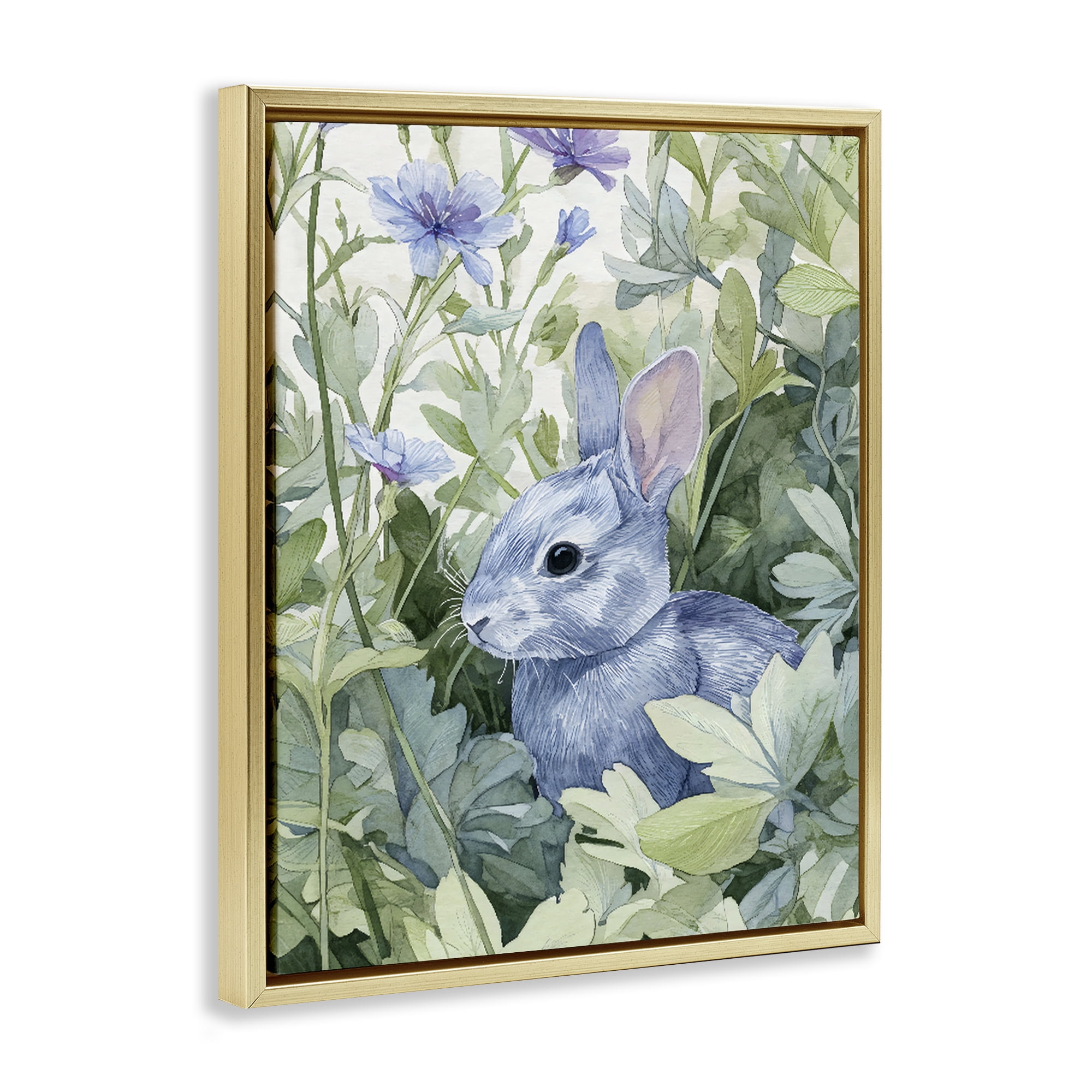 Stupell Industries Blue Bunny Among Leaves Gold Framed Floater Canvas Wall Art, design by Franklyn Gregory