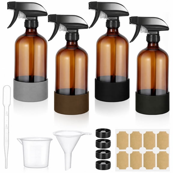 Armscye 4 Pack 16.9 Oz Glass Spray Bottles, Empty Amber Squirt Bottles with Adjustable Nozzle, Refillable Spray Container for Essential Oils, Hair, Cooking, Cleaning Sprayers with Rich Accessories