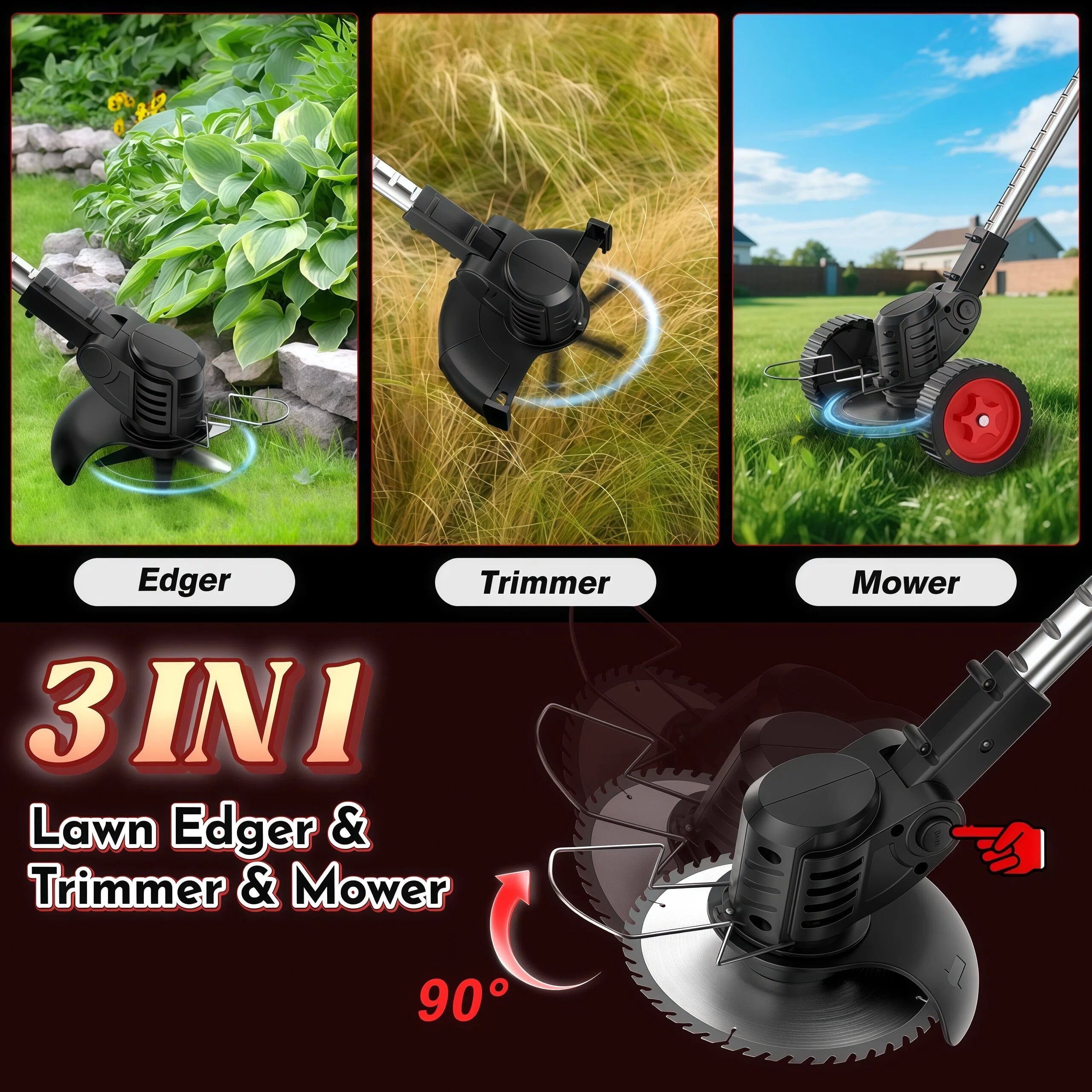 Teblint 650W Electric Weed Wacker, Cordless String Trimmer, Weed Eater Grass Trimmer/Edger/Cutter with Wheels, 2Pcs 21V Batteries, 5 Types of Blades, Adjustable Length for Lawn Yard Garden (Black)