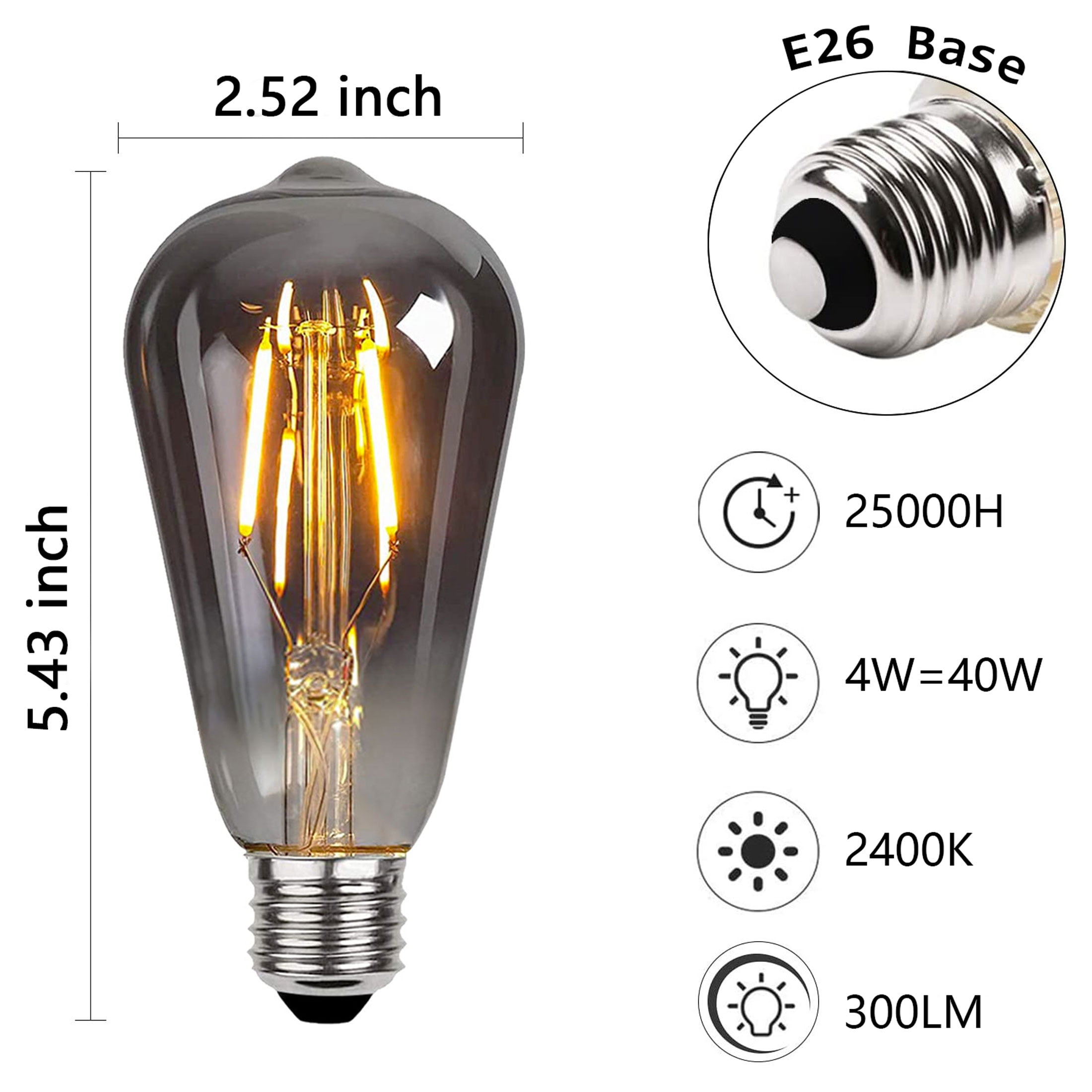 Roomrite LED Vintage Light Bulb, Edison Bulbs 4W (40W Equivalent) ST19 Warm Light Bulbs 2400K 300LM E26 Base,Non-Dimmable,Smoky-Gray Glass - 6 Pack