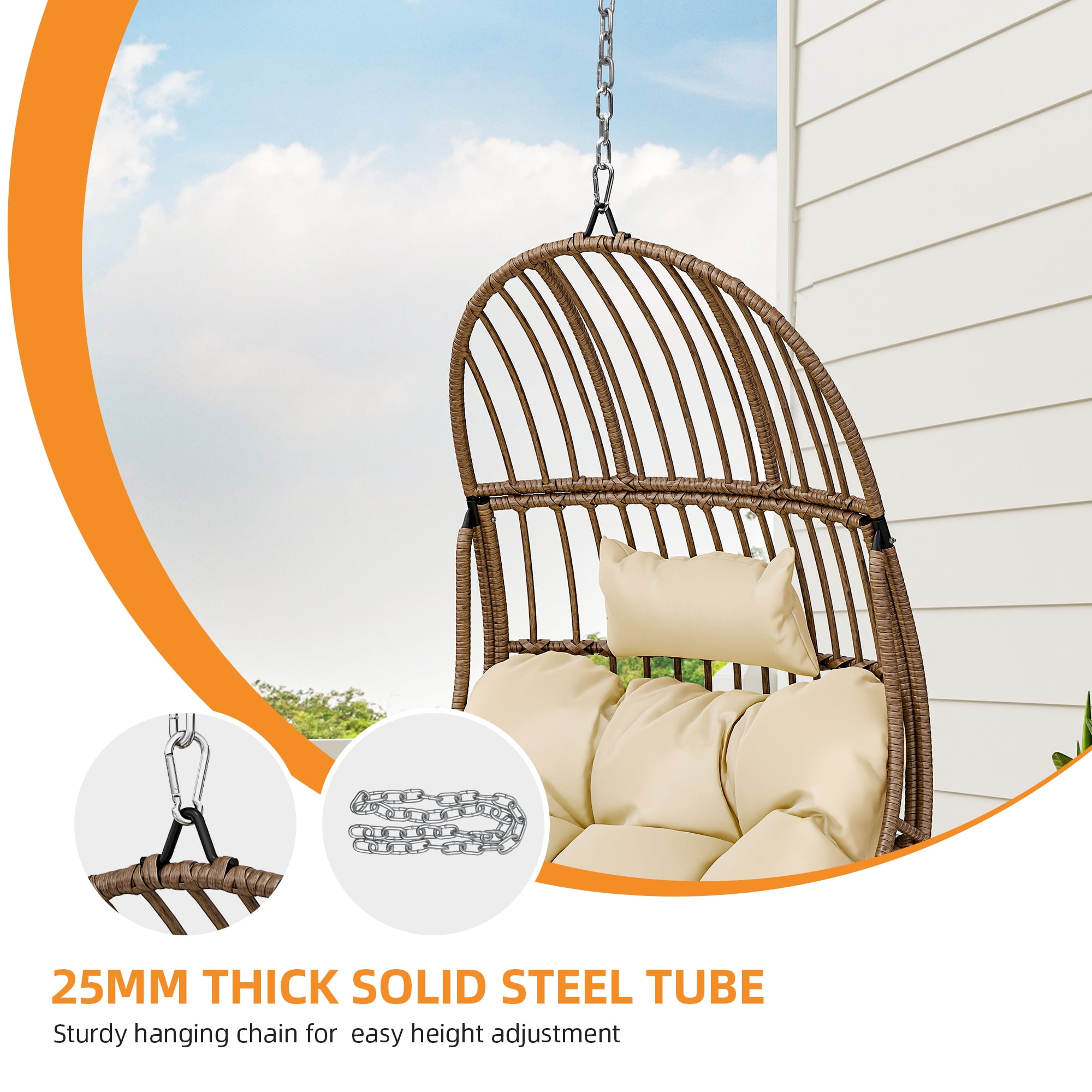 Uforic Beige Suspended Wicker Egg Swing Chair w/Cushions, Supports up to 330lbs for Garden Patio Bedroom Balcony (Stand Sold Separately)