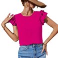 thumbnail image 1 of Blusa de manga con volantes en capas para mujer, cuello redondo, color puro, elegante, holgada, informal, camiseta de verano, rojo rosa M, 1 of 8