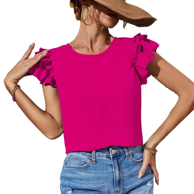 Blusa de manga con volantes en capas para mujer, cuello redondo, color puro, elegante, holgada, informal, camiseta de verano, rojo rosa M