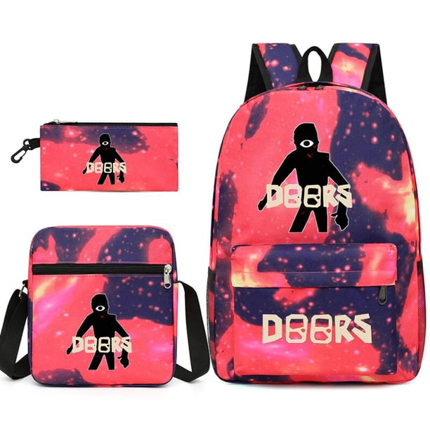 Doors Roblox mochila escolar de tres piezas estampada, transpirable, práctica, bolsa de lona de gran capacidad, aligeramiento de hombros con cremallera