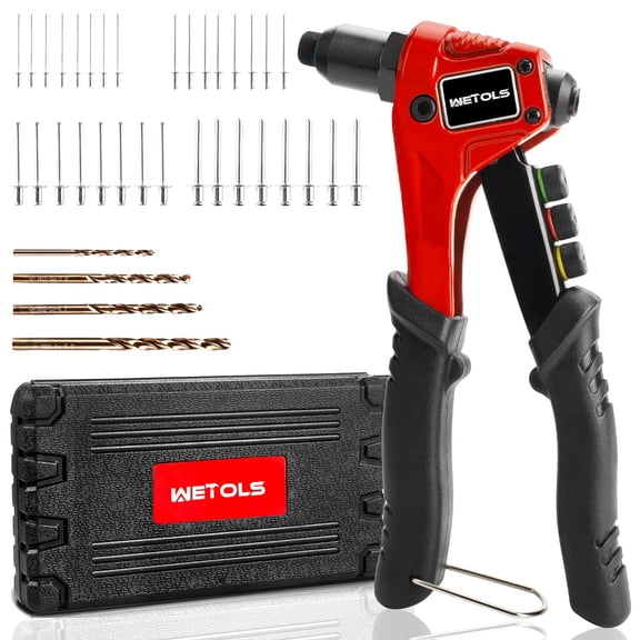WETOLS Pop Rivet Gun Kit with 200 Blind Rivets, Pop Rivet Tool Kit Manual Single Hand Riveter, 4 Tool-Free Interchangeable Rivet Heads, 4 Drill Bits, Sturdy BMC Carrying Case