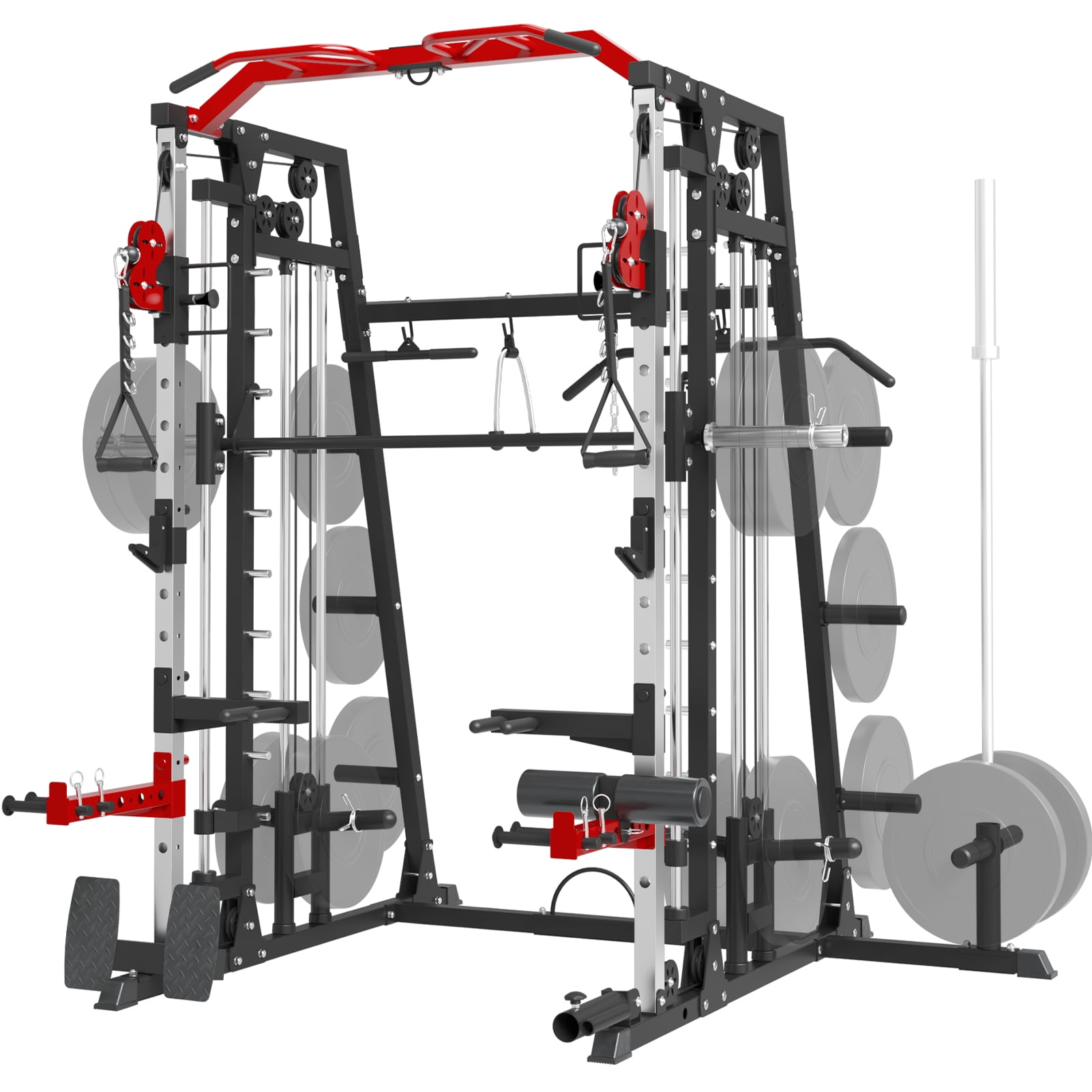 Mikolo Smith Machine Home Gym Total Body Strength Training Cage, 2200 lbs Power Rack Cage with Cable Crossover, Weight Bar, 360° Landmine
