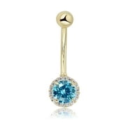 AVORA 10K Yellow Gold Aqua Simulated Diamond CZ Halo Belly Button Ring Body Jewelry (14 Gauge)