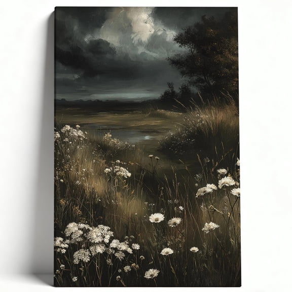 Vintage Wildflower Meadow Oil Painting Framed Canvas Wall Art - Dark Moody Country Landscape Print For Living Room, Bedroom Decor 8*12inch(20*30cm)
