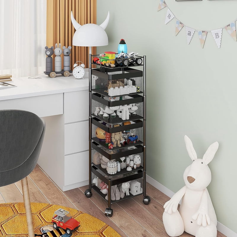 Howcool 5-Layer Metal Rolling Cart with Wheels, Kitchen Vegetable Storage Rack with Rotating Mesh Baskets