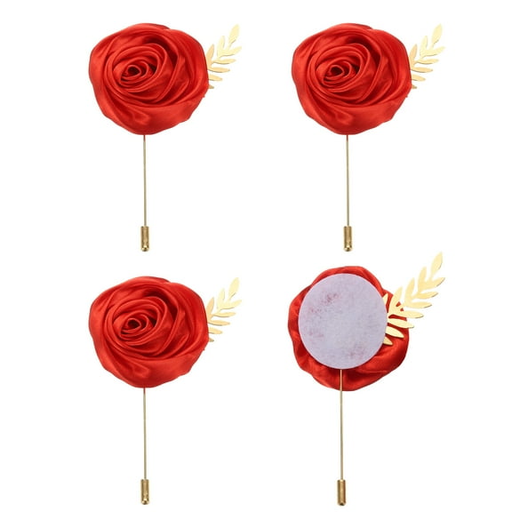 4pcs Red Rose Boutonnieres Flower Buttonholes Pocket Boutonnieres Pins with Leaf for Wedding (4.7 x 2 Inch)