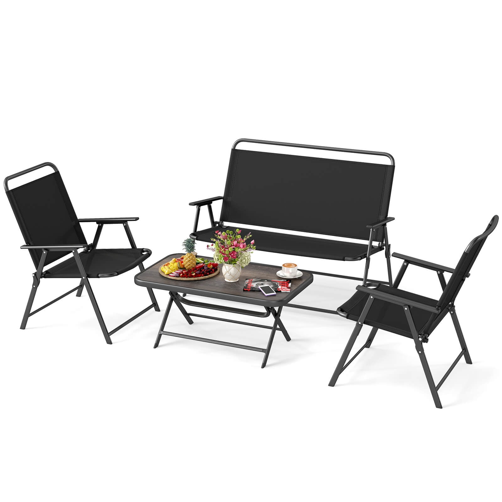 Costway 4 PCS Patio Folding Furniture Set Outdoor Conversation Set Bistro Sectional Set