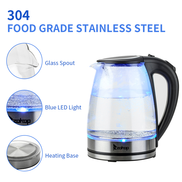 1.8L Electric Glass Kettle, 1500W Borosilicate Fast Boil with Auto Shut-Off, Blue LED Light & BPA-Free, CE/GS/ROHS Certified