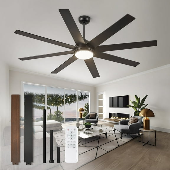 Zardon 72 inch Large Ceiling Fan with Light and Remote, Modern Ceiling Fan with 8 Reversible Blades, 6 Speed, for Indoor Outdoor, Black