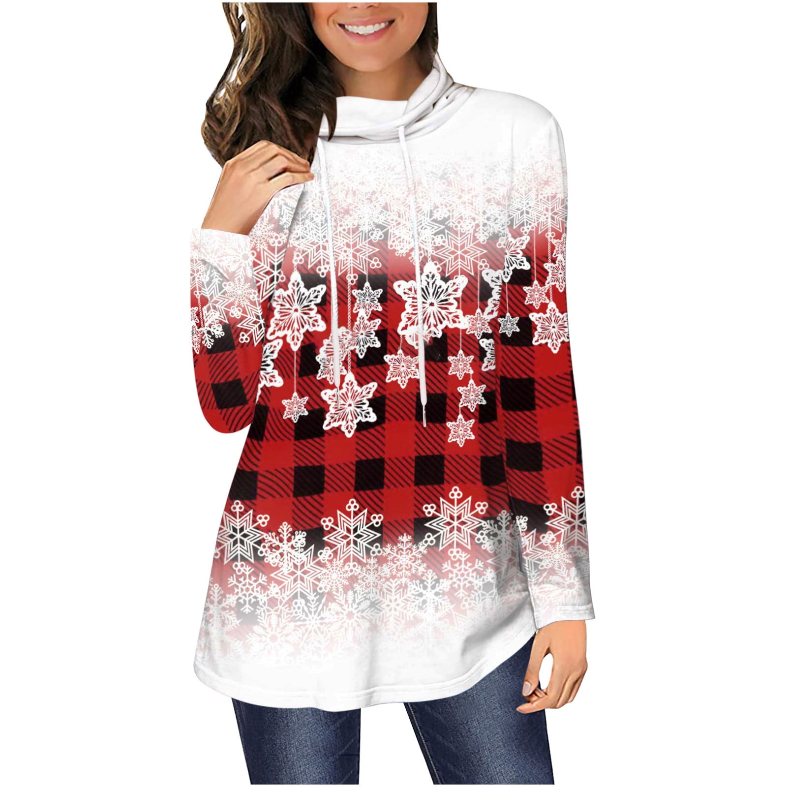 Winter Shirts Deals for Days Women Autumn And Winter Casual Christmas Printed Pile Collar Long Sleeve Drawstring Pullover Blouse Sweatshirt