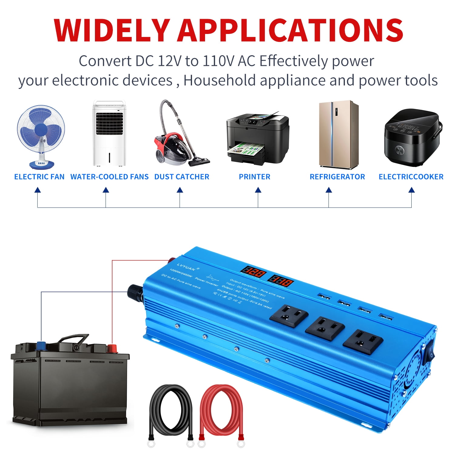 LVYUAN 1200W 2400W Peak Pure Sine Wave Power Inverter 12V to 110V DC to AC Converter with LED Display, 3 US Outlets, 4 USB, Ideal for Vehicles, RVs, Outdoor & Home Use
