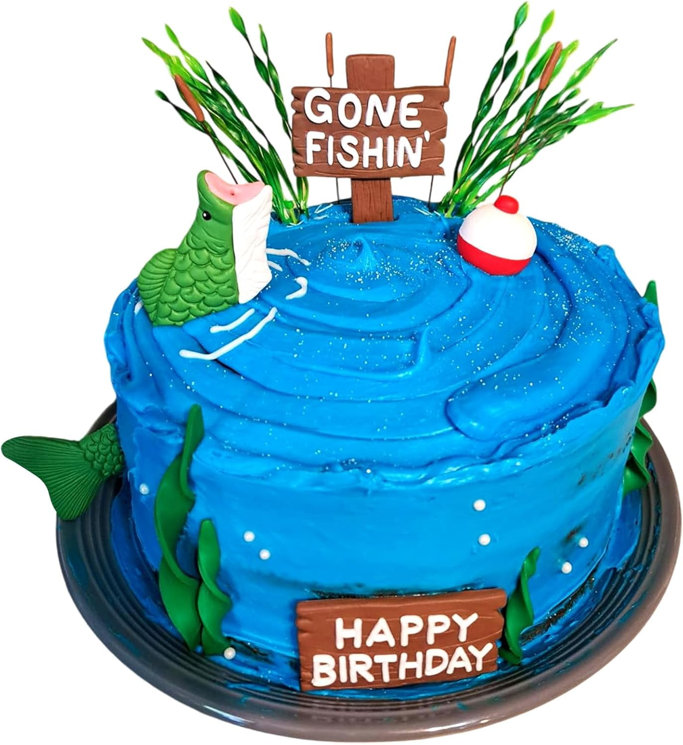 "Ofishally Retired" Cake Topper - Fishing Retirement Party Decoration Sign With Blue Glitter