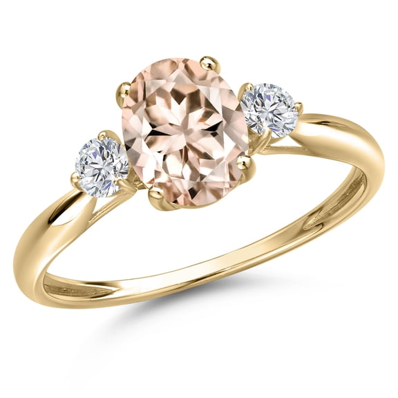 Gem Stone King 10K Yellow Gold Peach Morganite and Lab Grown Diamond 3-Stone Ring for Women | 1.22 Cttw | Oval 8X6MM | Gemstone October Birthstone | Size 8