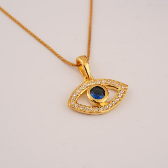 Hitanshu Jewels Round Cut Blue CZ Evil Eye Pendant Necklace 14K Yellow Gold Finish Silver