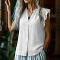 thumbnail image 4 of Womens Button Down Shirt Casual Ruffle Short Sleeve V Neck Textured Trendy Summer Tops Work Blouse (XL, White), 4 of 6