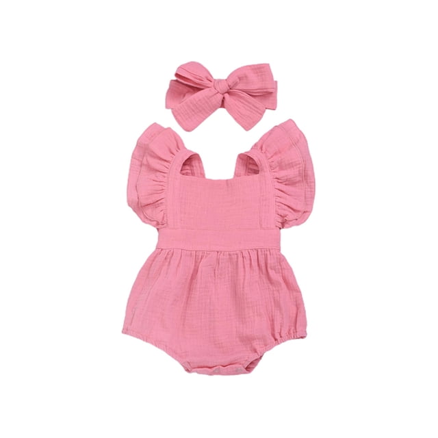 Baby Girls Newborn Summer Jumpsuit Flutter Sleeve Romper Headband Outfit Set