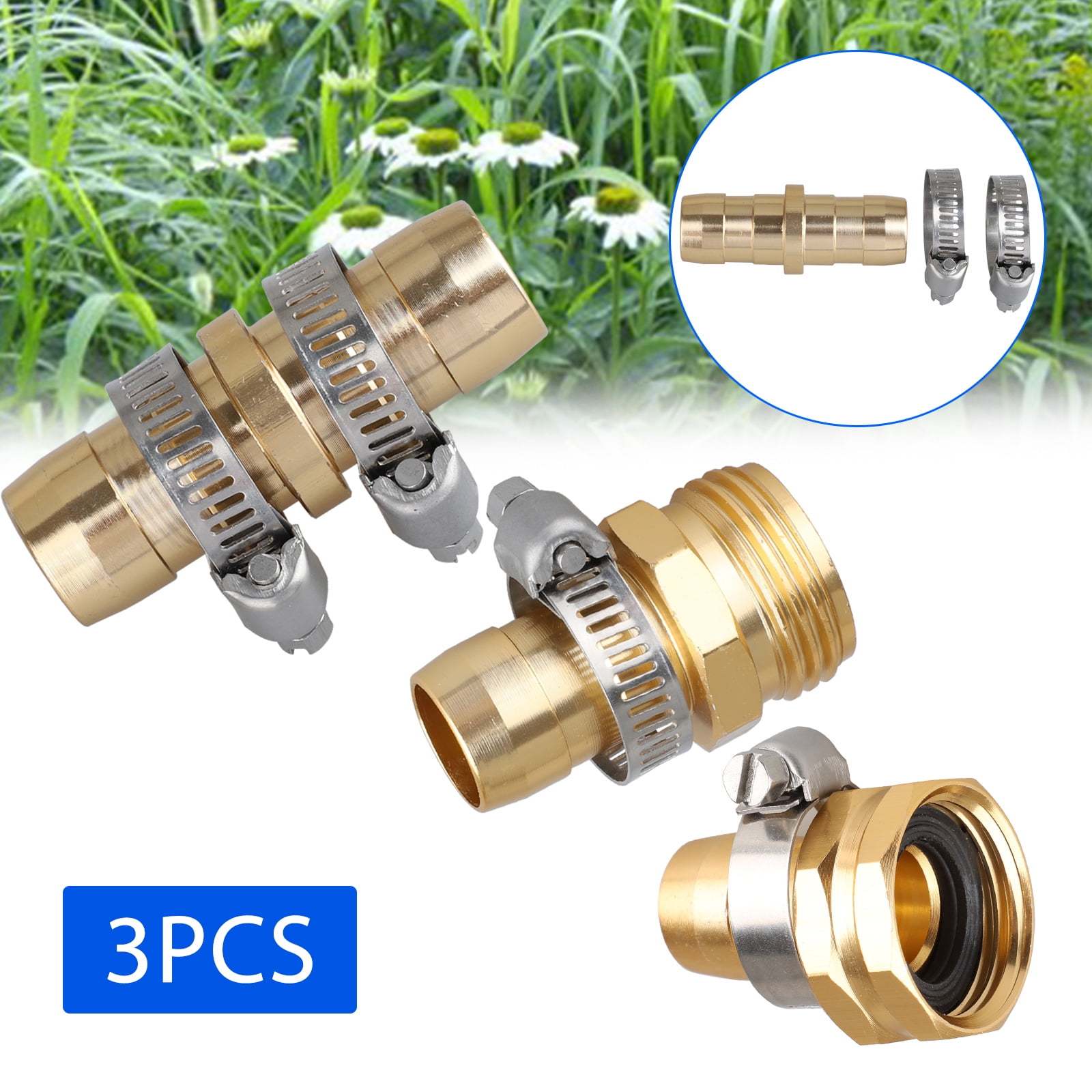 HIRALIY 2 Pack 5/8 Solid Brass Barb x US Standard 3/4 Female Thread Connector Fitting Garden Water Hose Repair Kit with Stainless Steel Hose Clamps 