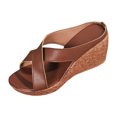 thumbnail image 6 of Rokment Women's Cork Footbed Wedges Dressy Slippers Sandals Stylish Casual Cross-Band Leather Platform Chunky Slip on High Heels Beach Summer Dress Slides Shoes Brown Size 9, 6 of 7
