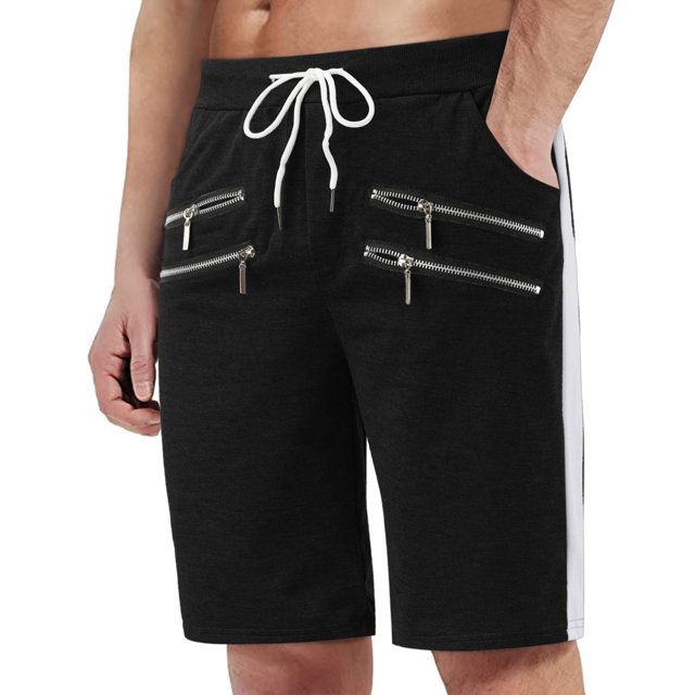 Aayomet Running Shorts for Men Button Solid Color Pocket Tether Plus Size Mid Wash Shorts (Black, L)