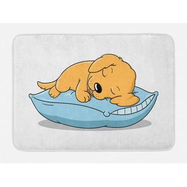 Golden Retriever Bath Mat, Cute Puppy Sleeping on a Pillow in Cartoon Style for Kids, Non-Slip Plush Mat Bathroom Kitchen Laundry Room Decor, 29.5 X 17.5 Inches, Pale Orange and Baby Blue, Ambesonne