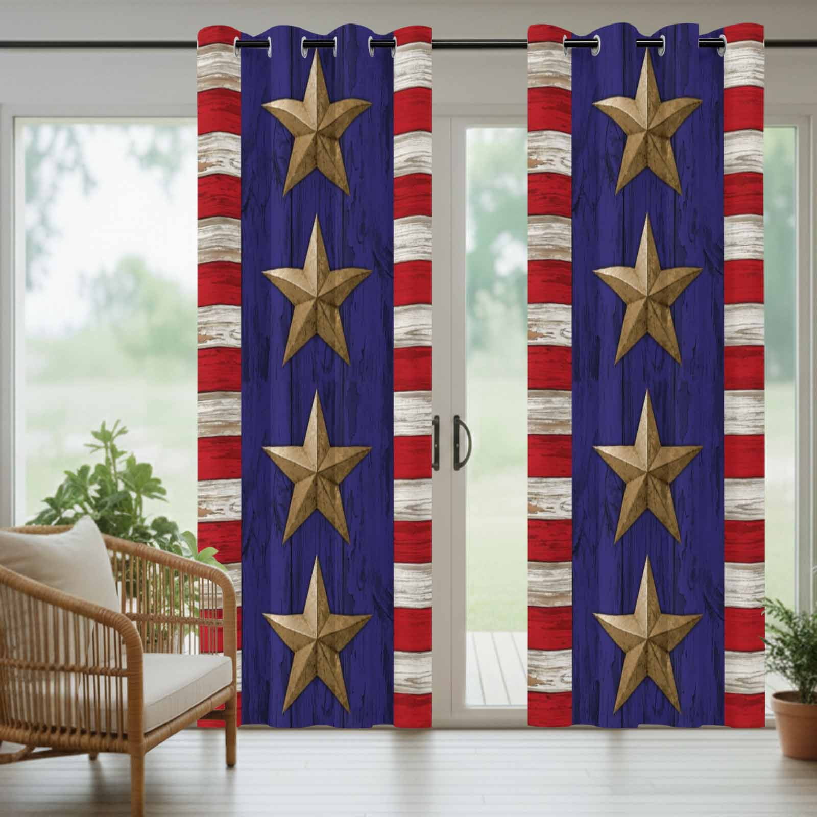 Independence Day Outdoor Curtains for Patio, Retro America Blue Gold Star Red Wood Grain Sunshade Privacy Drapes Grommet Waterproof Outside Curtains for Porch/Cabana/Balcony 54"x 108", 1 Panel