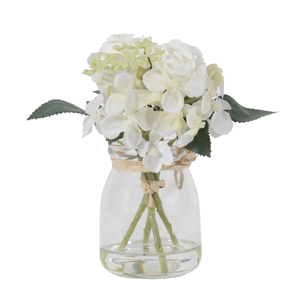 Hortensia Y Rosa Blanca En Florero De Vidrio 16 Cm