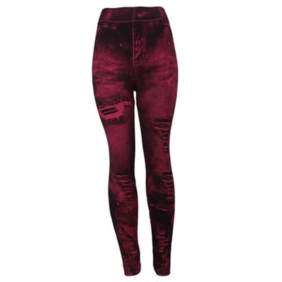 Clearance-Sale Women's Pants Casual Elastic Yoga Pants High Waist Denim Pattern Printing Leggings for Women Workout Stretchy Lightweight Comfy Leggings Weekly-Deals(Wine,2XL)