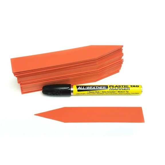 1" x 6" Orange Plastic Plant Labels (Pack of 100 Labels) & 1 All-Weather Marker for Writing