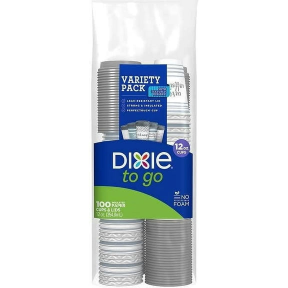 Dixie To Go Insulated Paper Coffee Cups with Lids, Variety Pack – 12 oz (100 Count)