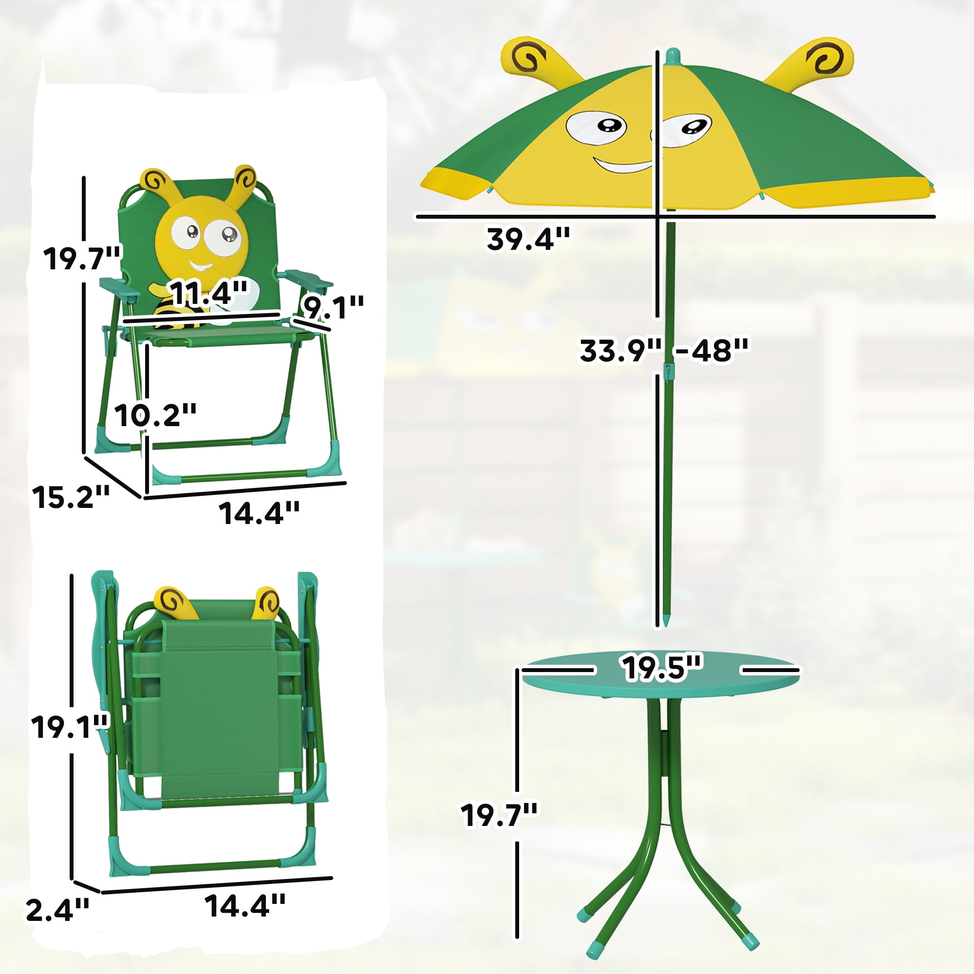 Qaba Kids Picnic Table and Chair Set, Bee Pattern Outdoor Activity Table with Foldable Chairs, Height Adjustable Umbrella for Backyard, Garden, Green