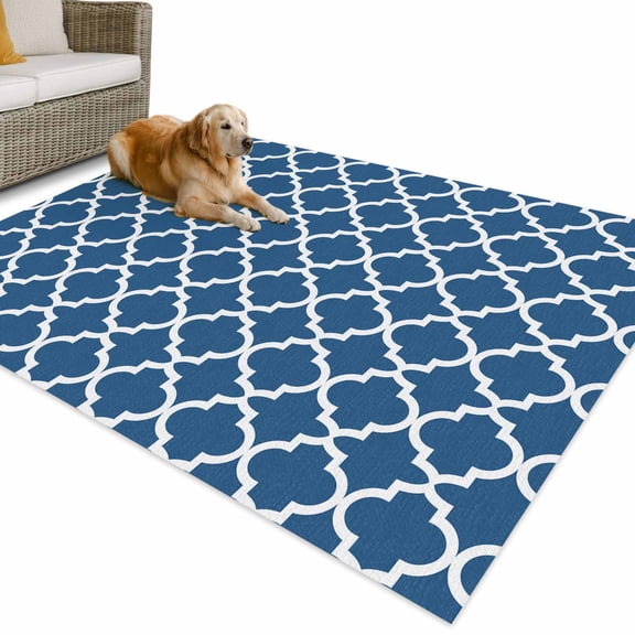 Outdoor Rug 6x9 ft Steel Blue White Geometric Waterproof Outdoor Patio Rug Mat Non Slip Outside Area Rugs Carpet for RV,Camping,Porch,Deck,Pool,Balconybackyard,Minimalist Morocco Pattern